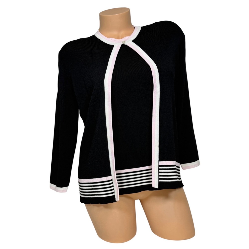 Dressbarn Women's Medium Black Pink Striped 2 Piece Sweater Set Cardigan Shell